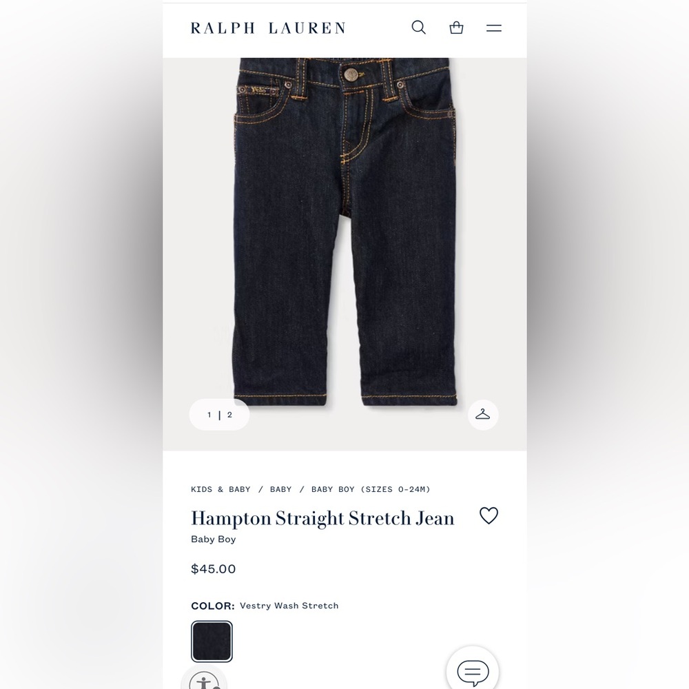 Ralph Lauren baby boy Hampton Straight Stretch Jean size 3mo